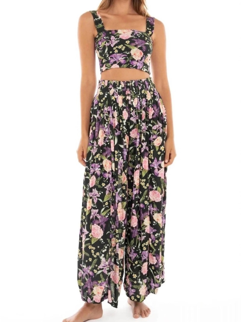 Agua Bendita Hanne Pants Small Black Floral Wide Leg Palazzo Boho Resort